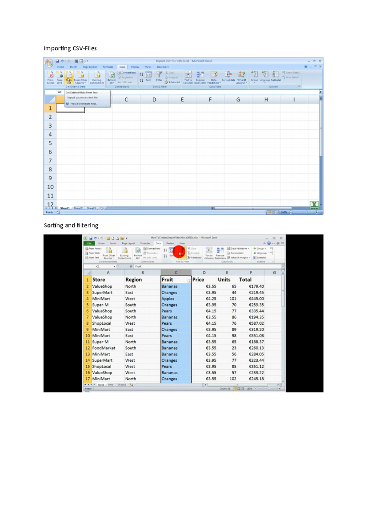 Excel Importing CSVFiles Sorting and filtering Converting text to