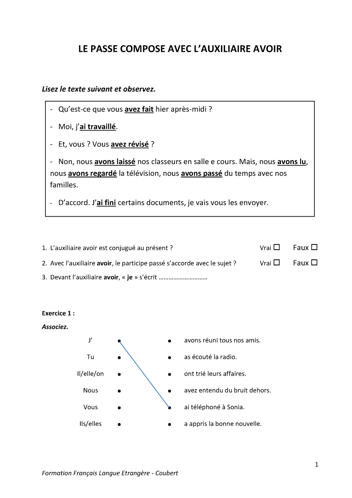 Exercices Le Pass Compos Avec Lauxiliaire Avoir Formation Fran Ais Langue Etrang Re