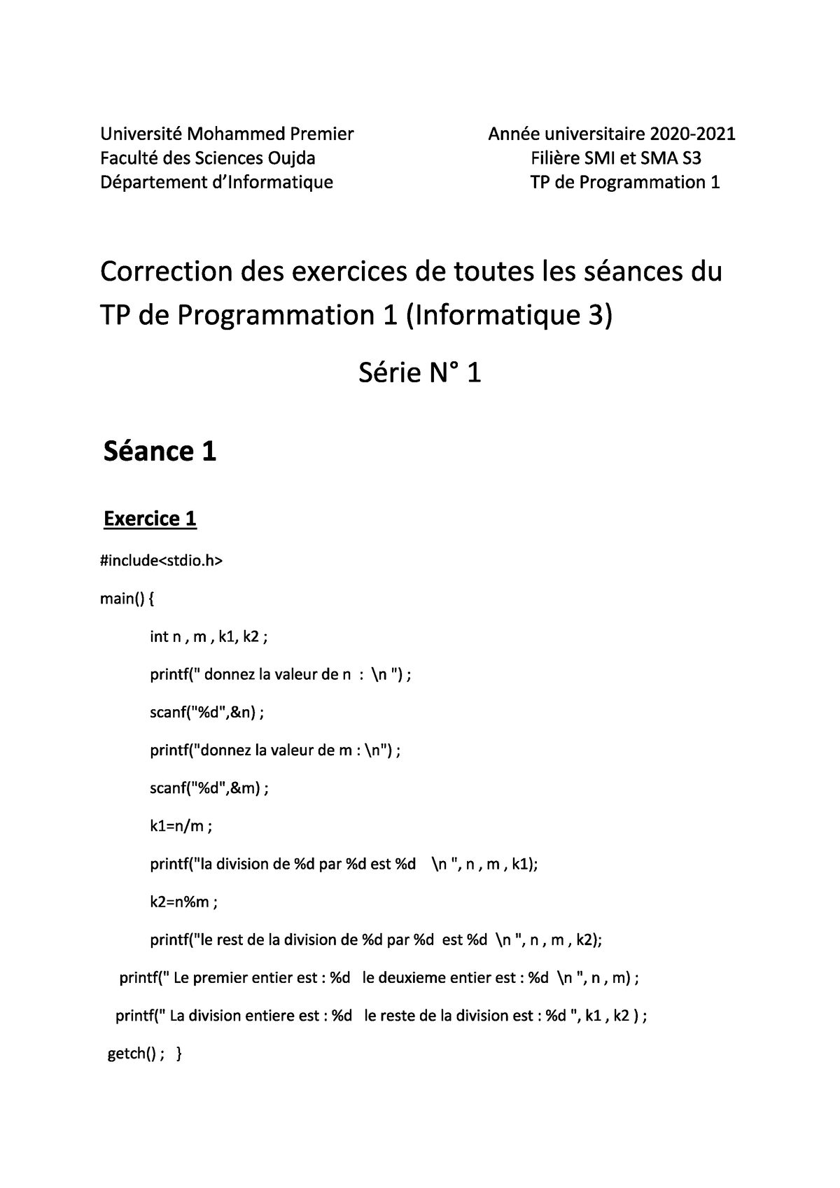 Correction Des Exercices De Toutes Les Séances,Programmation C-SMI-S3 ...