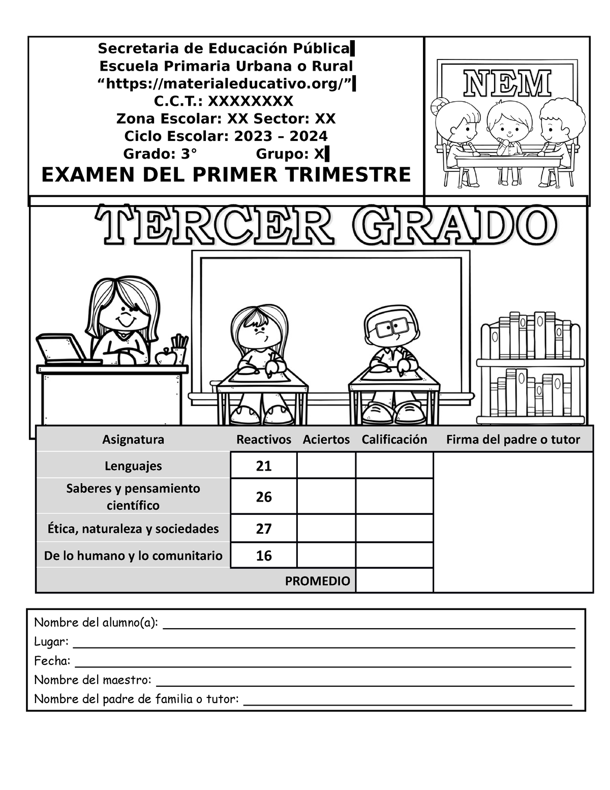 Examen Ero Grado Er Trimestre Asignatura Reactivos Aciertos Calificaci N Firma Del