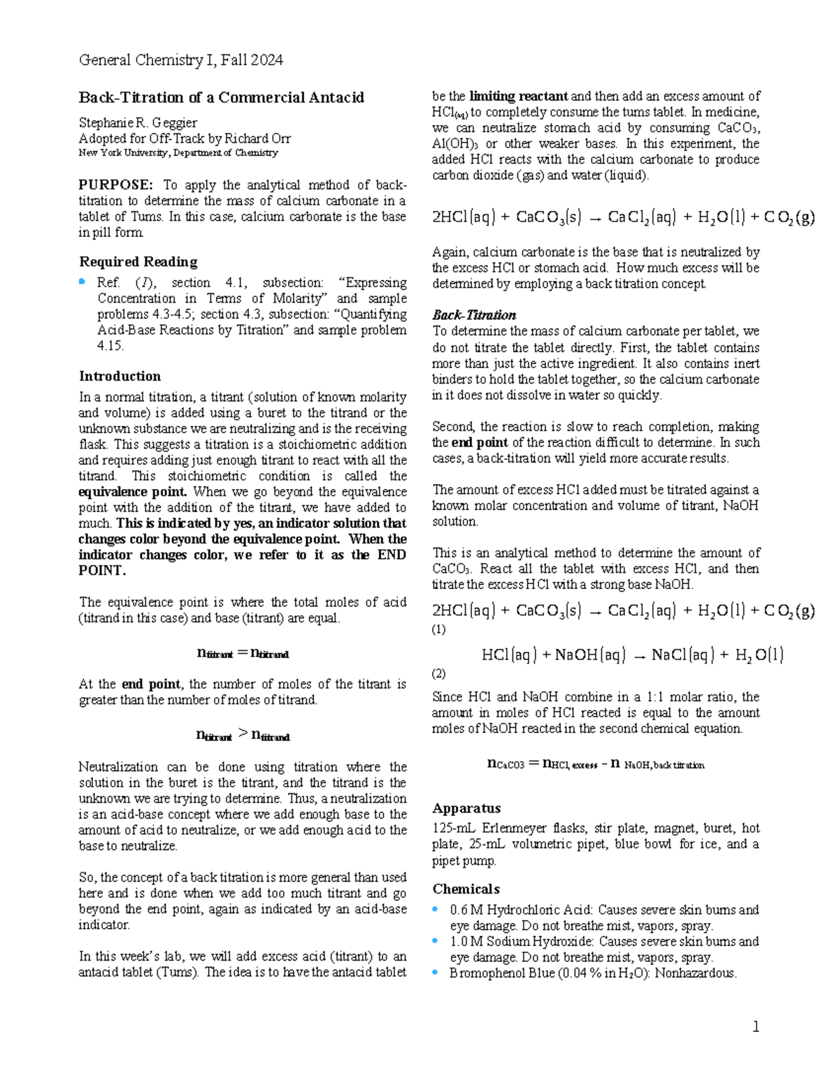 Gen Chem 1 experiment 5 titration - Back-Titration of a Commercial ...