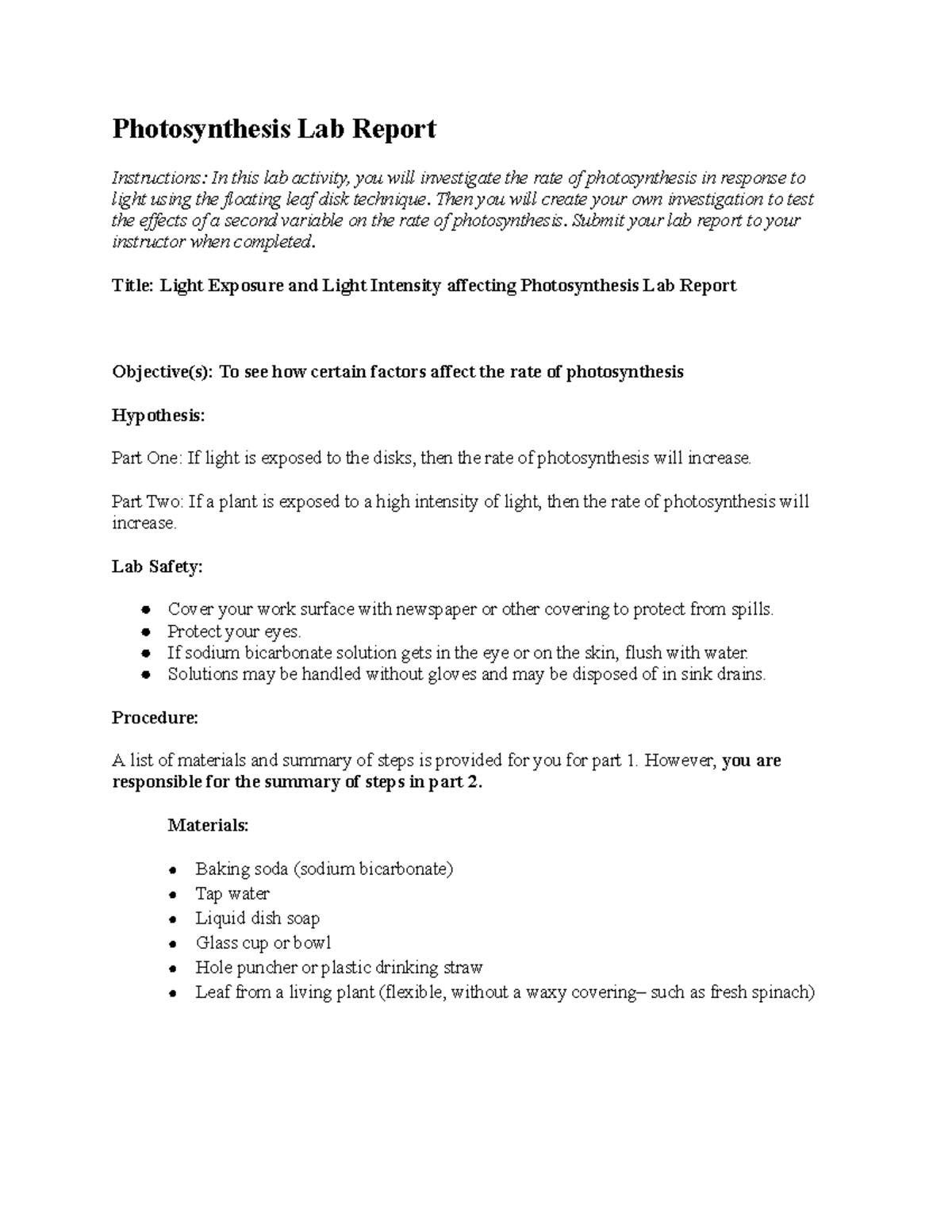 03 04 Photosynthesis Lab Report - Photosynthesis Lab Report ...