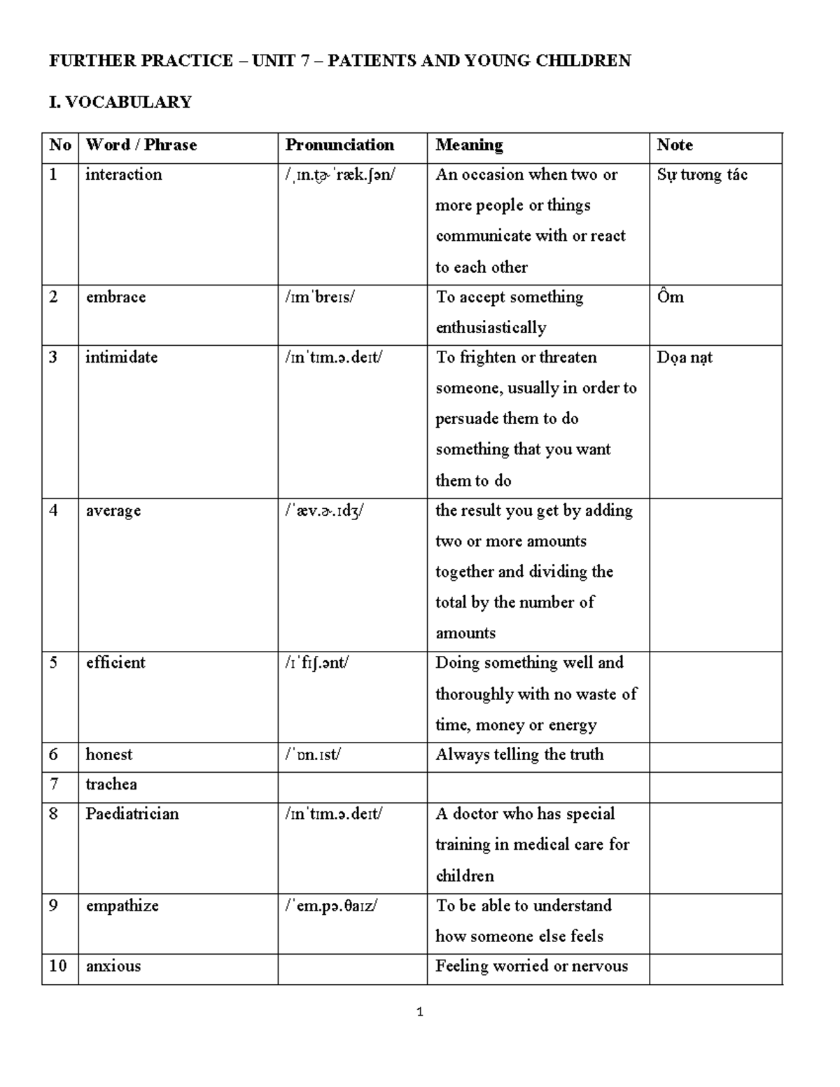 Further Practice UNIT 7 - FURTHER PRACTICE – UNIT 7 – PATIENTS AND ...