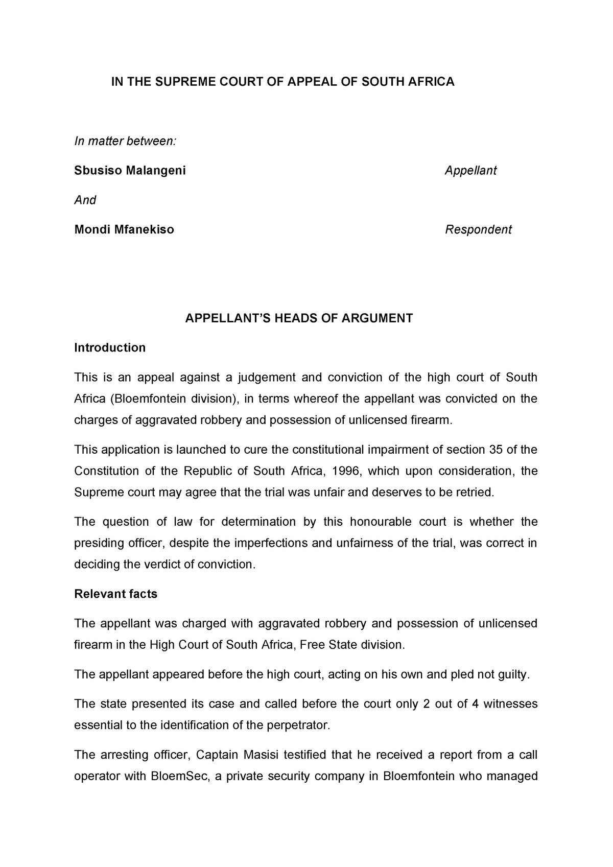 Heads of argument assignment - IN THE SUPREME COURT OF APPEAL OF SOUTH ...