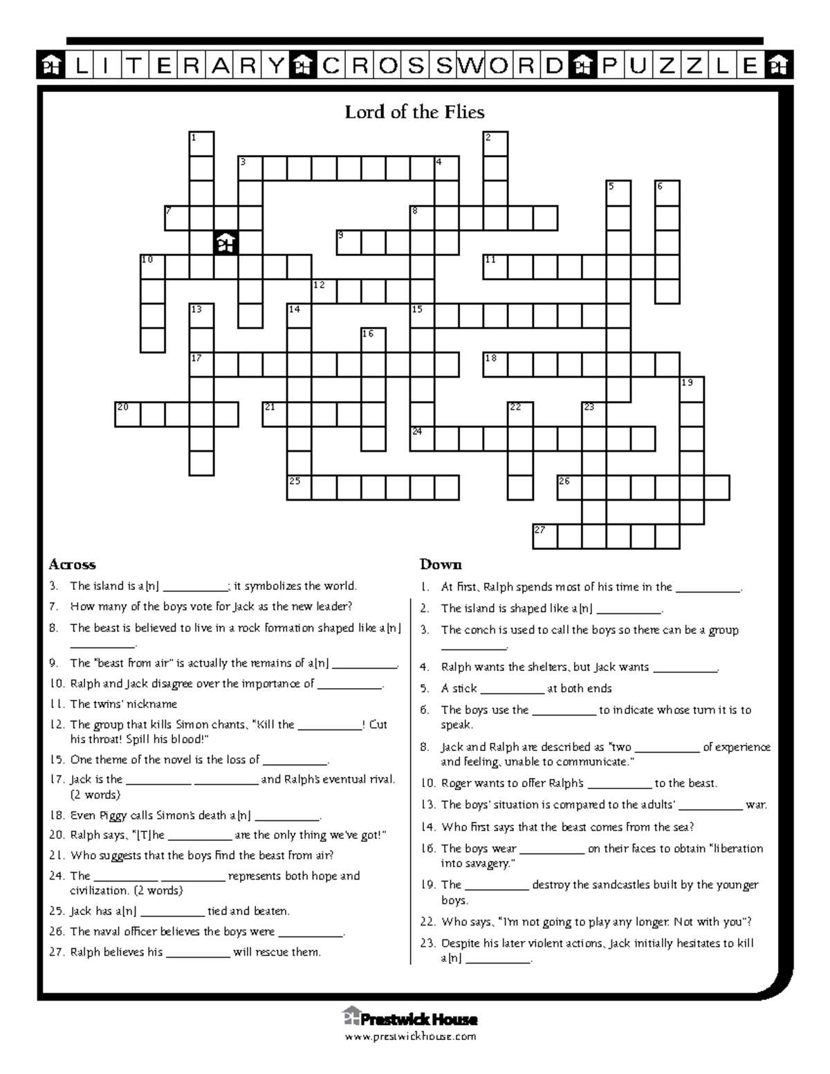 Lord of the Flies Crossword L I T E R A R Y C R O S S W O R D P U Z Z