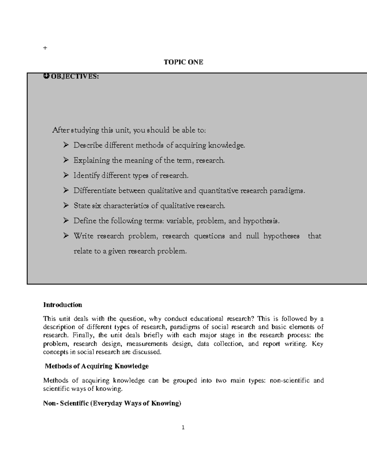 Research Methods Module - + TOPIC ONE OBJECTIVES: Introduction This ...