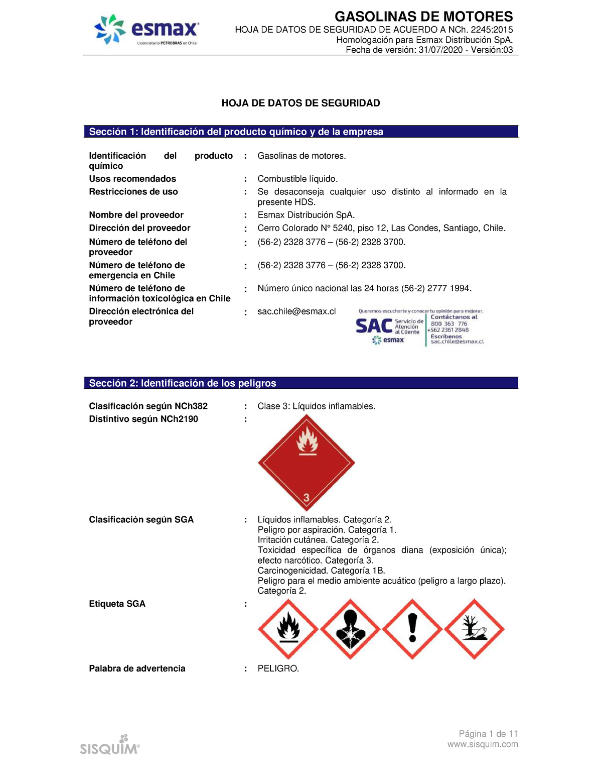 HDS Gasolina - HOJA DE DATOS DE SEGURIDAD DE ACUERDO A NCh. 2245 ...