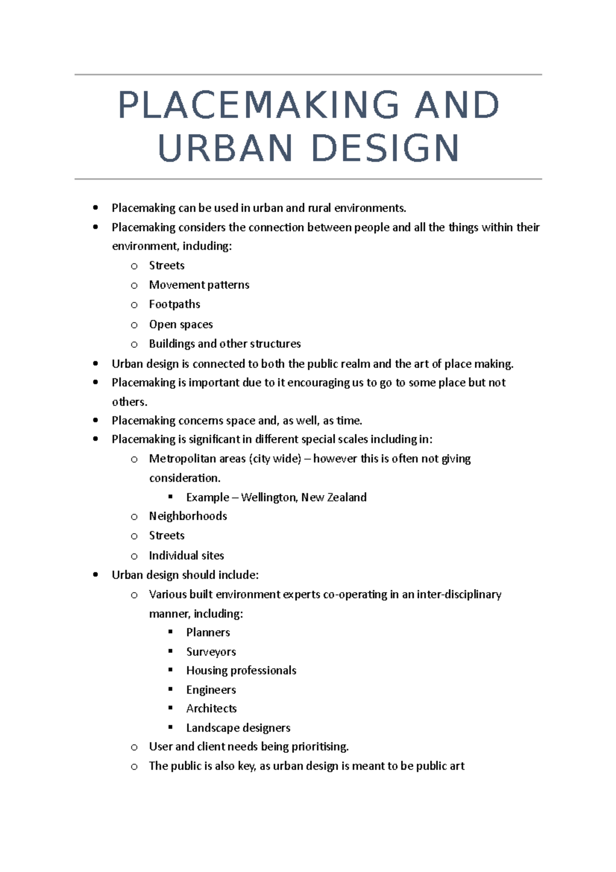 Placemaking and Urban Design - PLACEMAKING AND URBAN DESIGN Placemaking ...