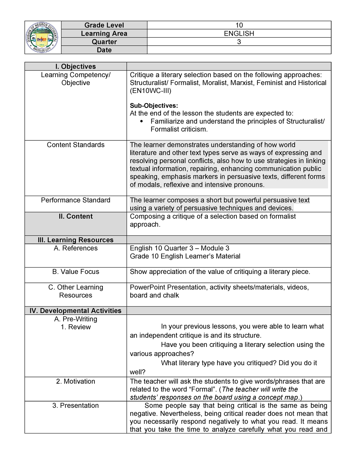 DLP Q3 MELC4 -1-DAY-1 - LESSON PLAN - Grade Level 10 Learning Area ...