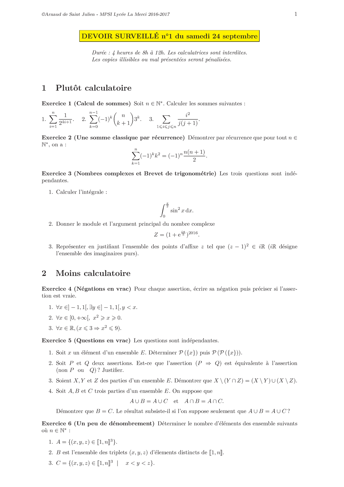 Devoir 1 Logique Sommes Binome De Newton - ©Arnaud De Saint Julien ...