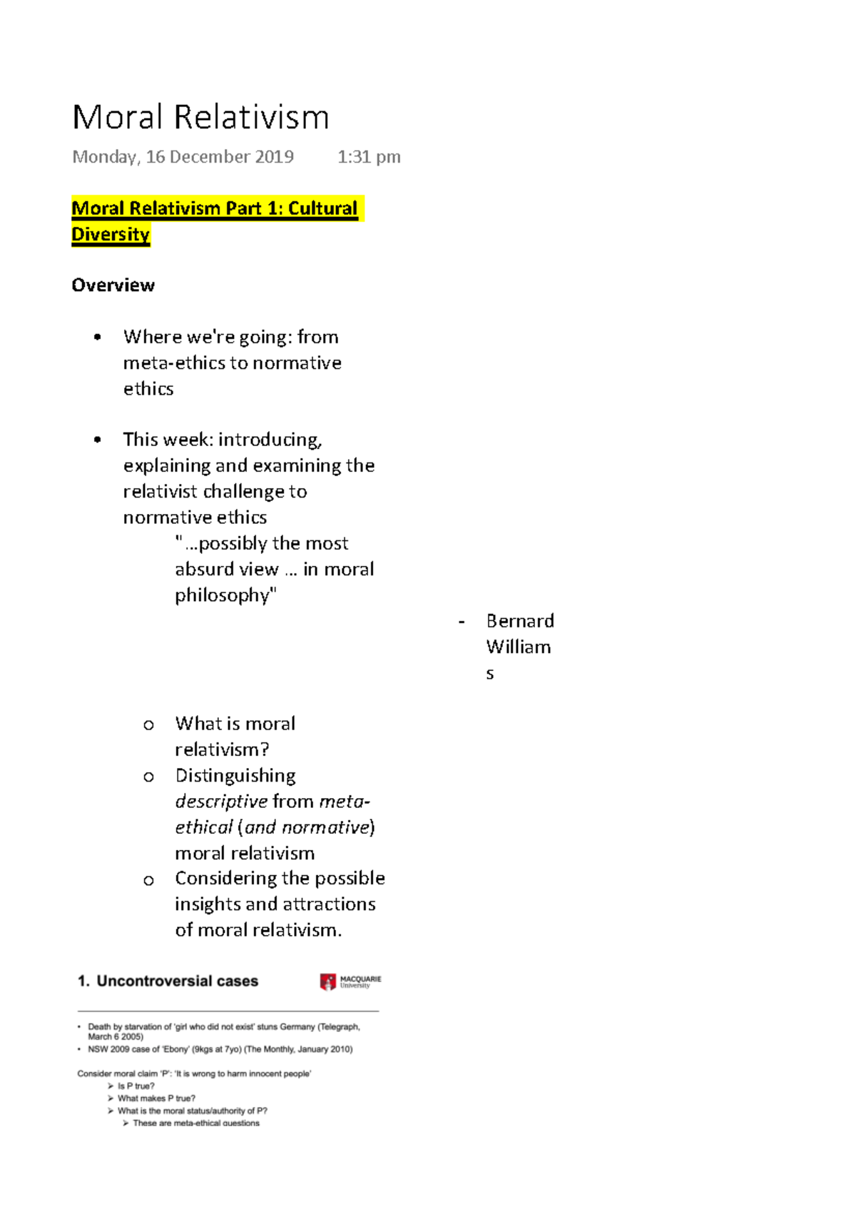 Moral Relativism Lecture notes 1 Moral Relativism Part 1 Cultural