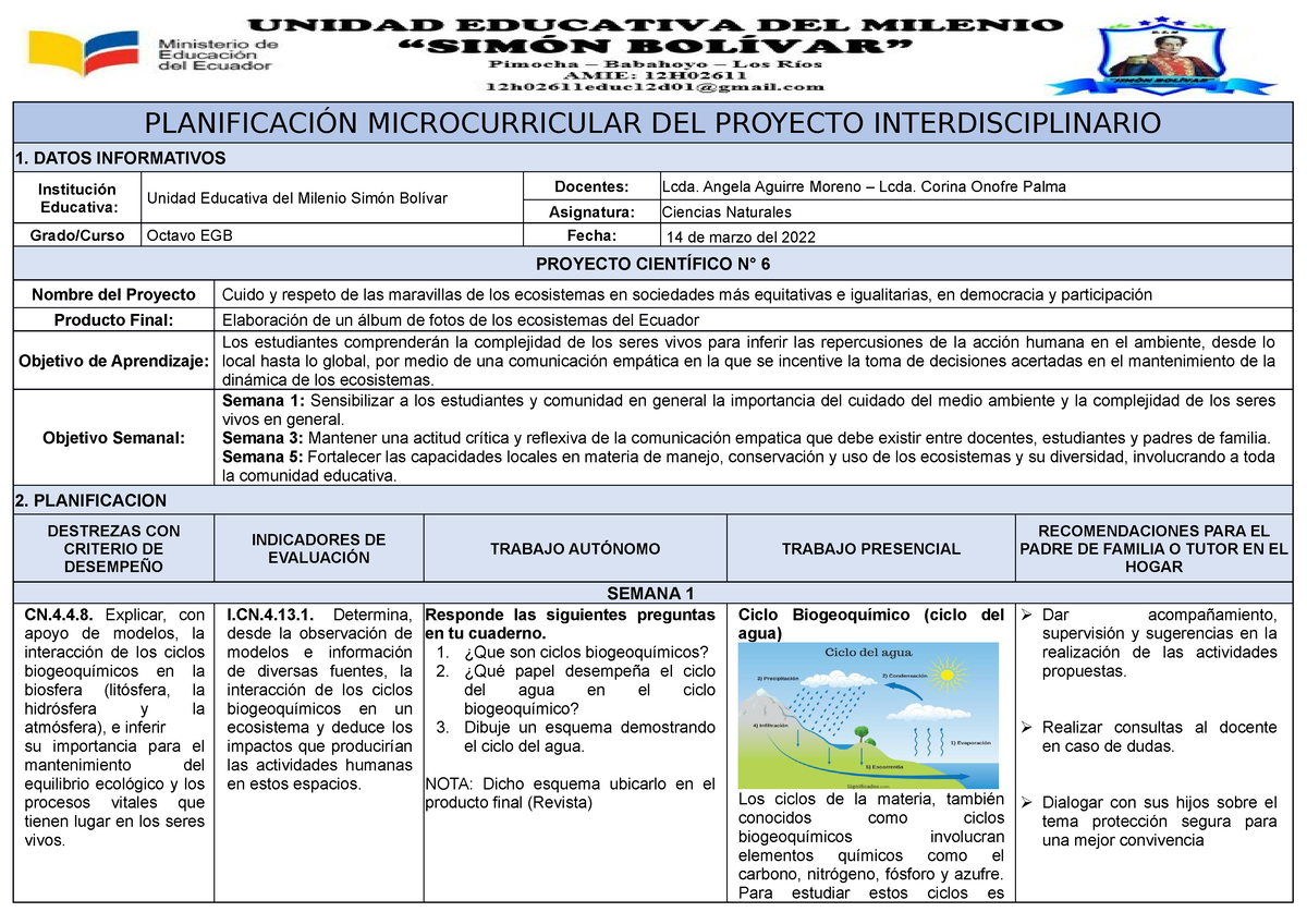 Planificación Microcurricular DEL Proyecto Interdisciplinario Para ...