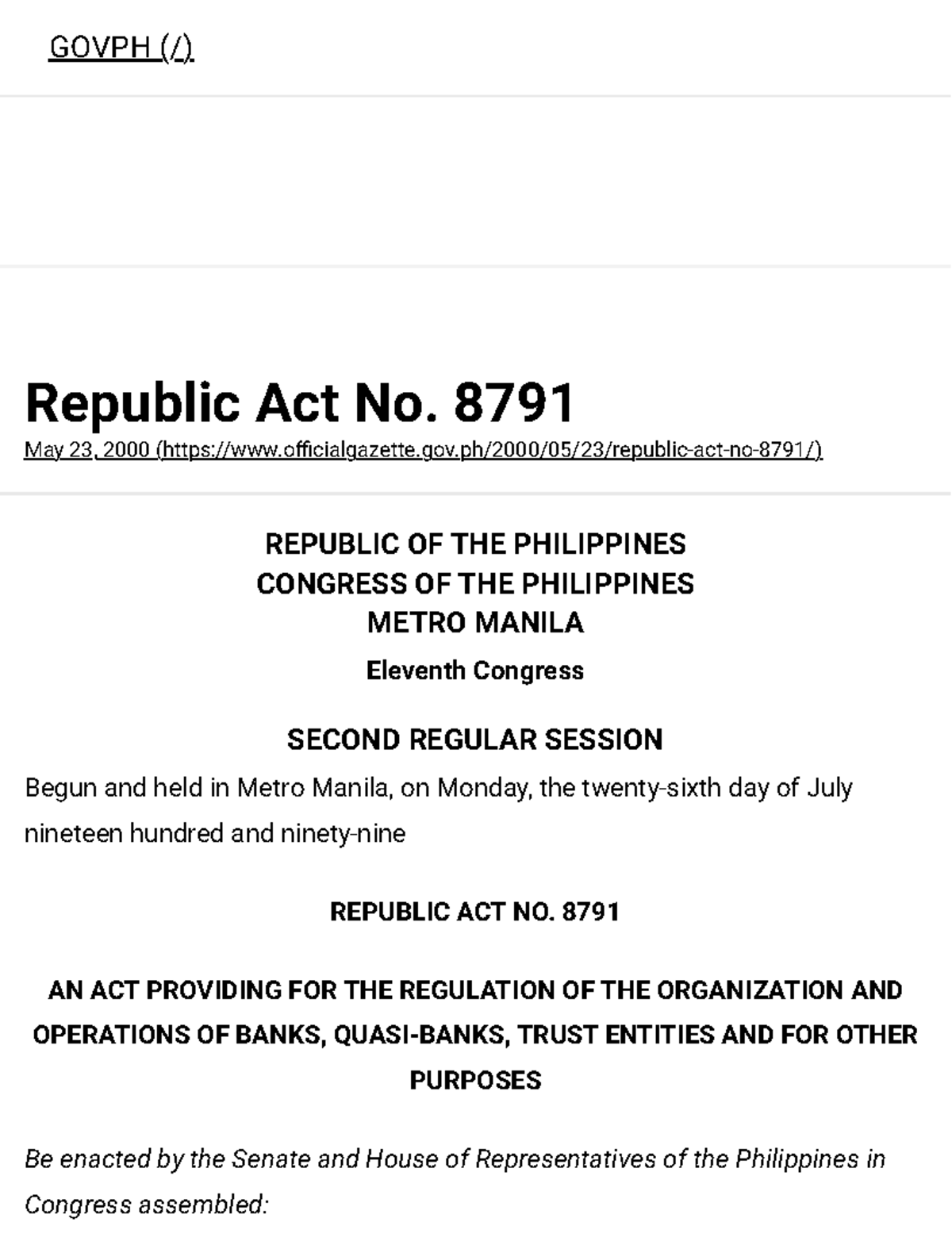 General Banking Law Republic Act No - Republic Act No. 8791 May 23 ...