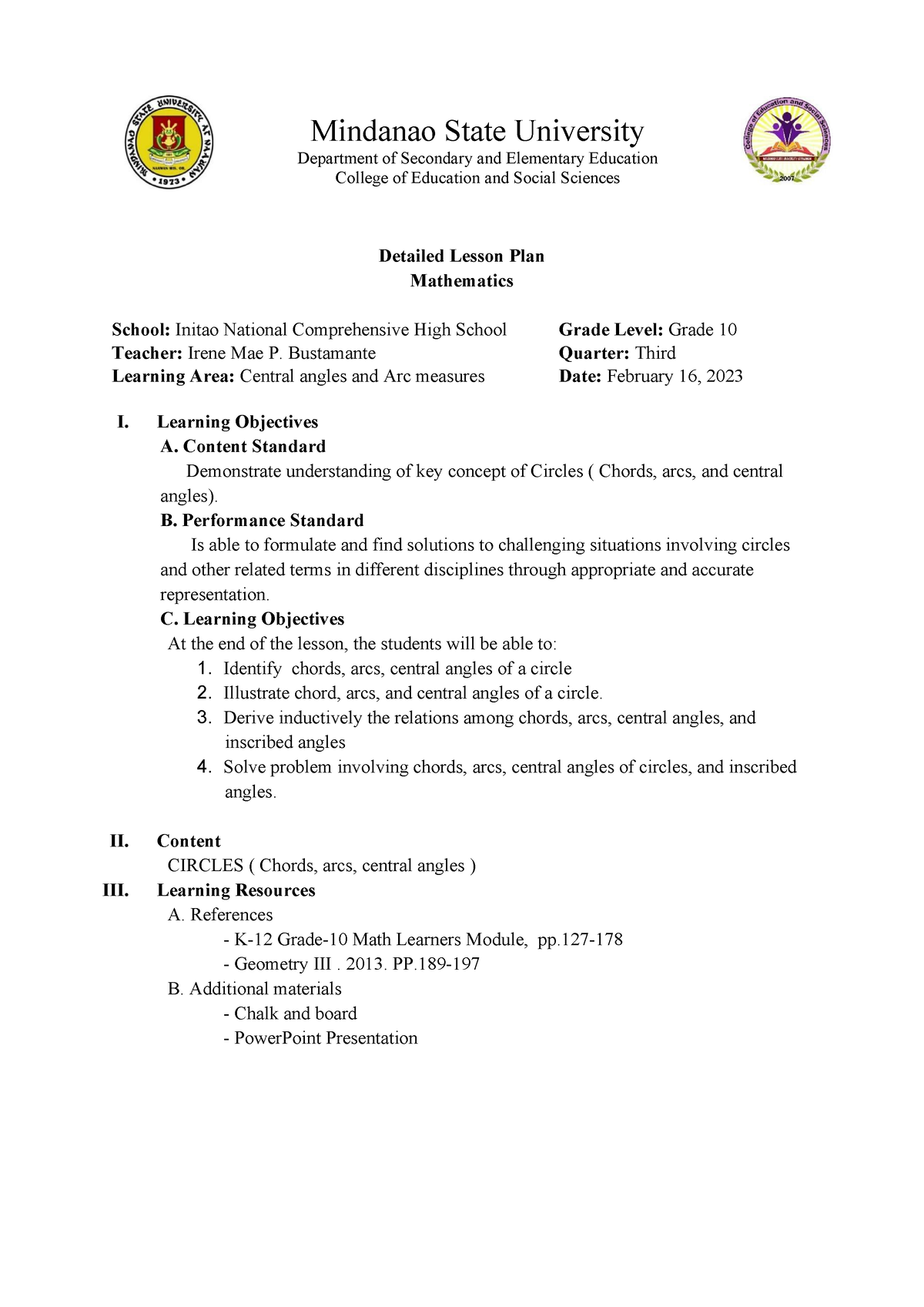 Central Angle AND ARC Measures - Mindanao State University Department ...