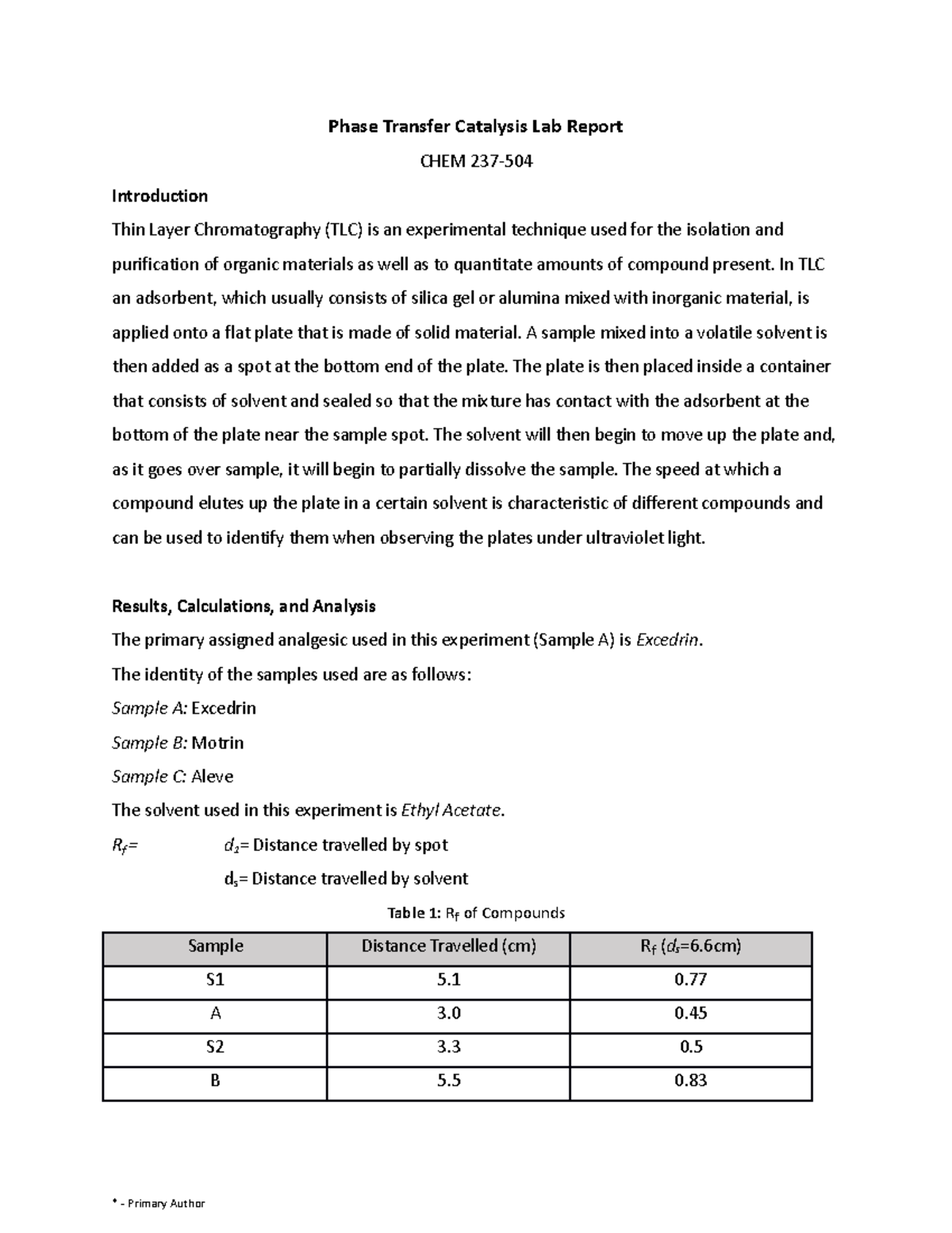 Phase Transfer Catalysis Lab Report In TLC an adsorbent, which