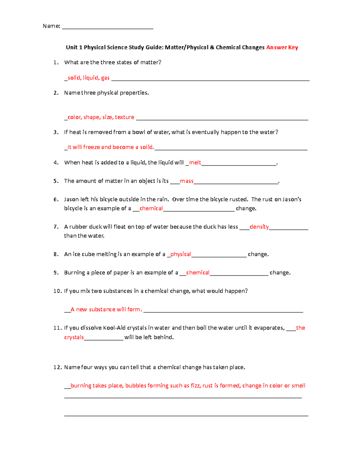 Unit 1 Physical Science Study Guide Answer Key - Name: ____________________________ Unit 1 ...