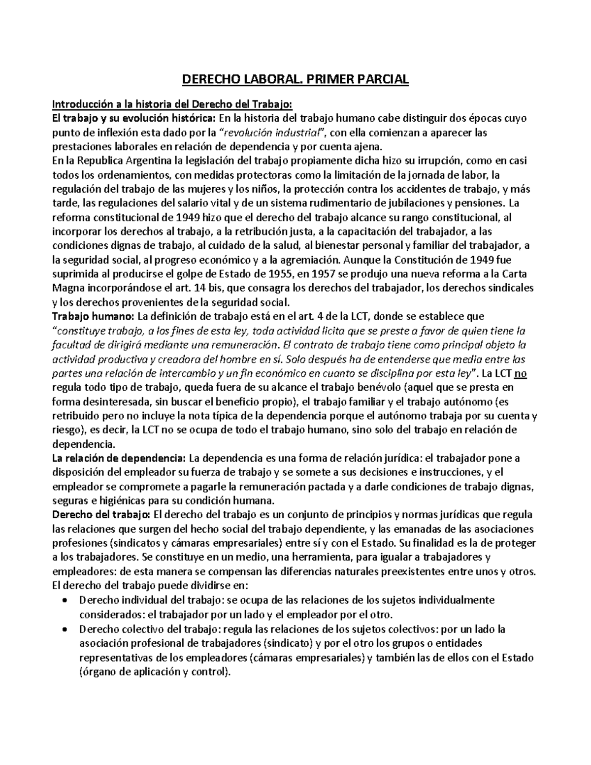 Resumen Primer Parcial Laboral - DERECHO LABORAL. PRIMER PARCIAL ...