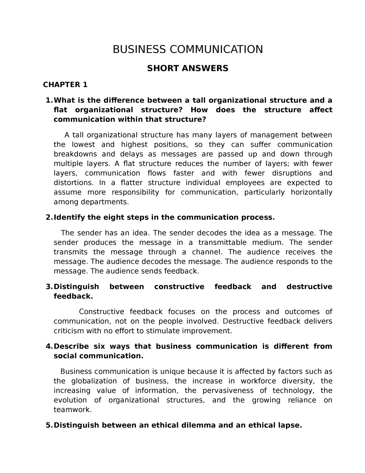 BUSINESS COMMUNICATION SHORT ANSWERS BUSINESS COMMUNICATION SHORT 