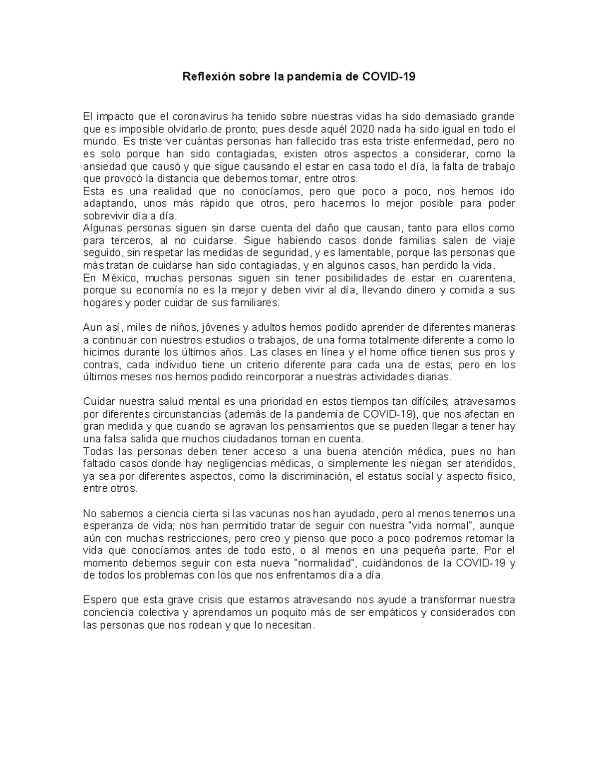 Reflexión sobre la pandemia de Covid - Reflexión sobre la pandemia de ...