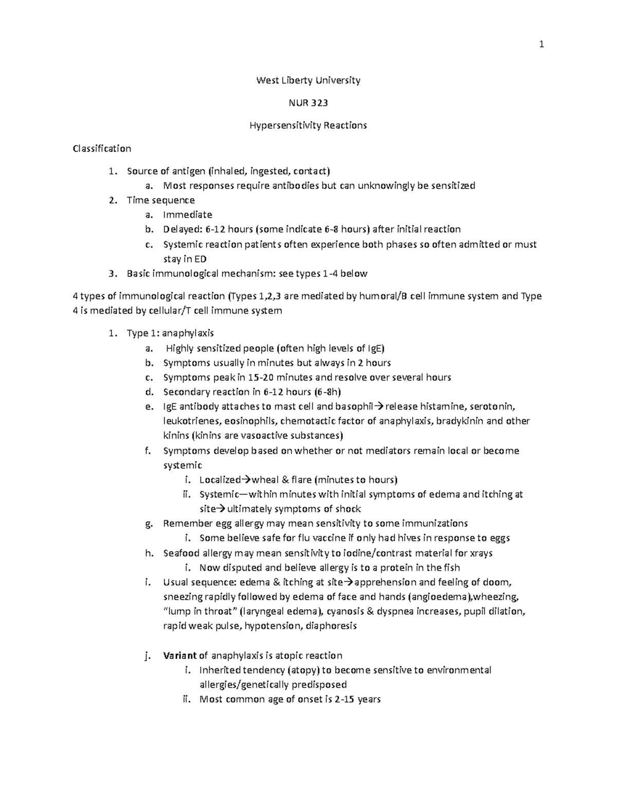 NUR 323 allergic reactions - West Liberty University NUR 323 ...