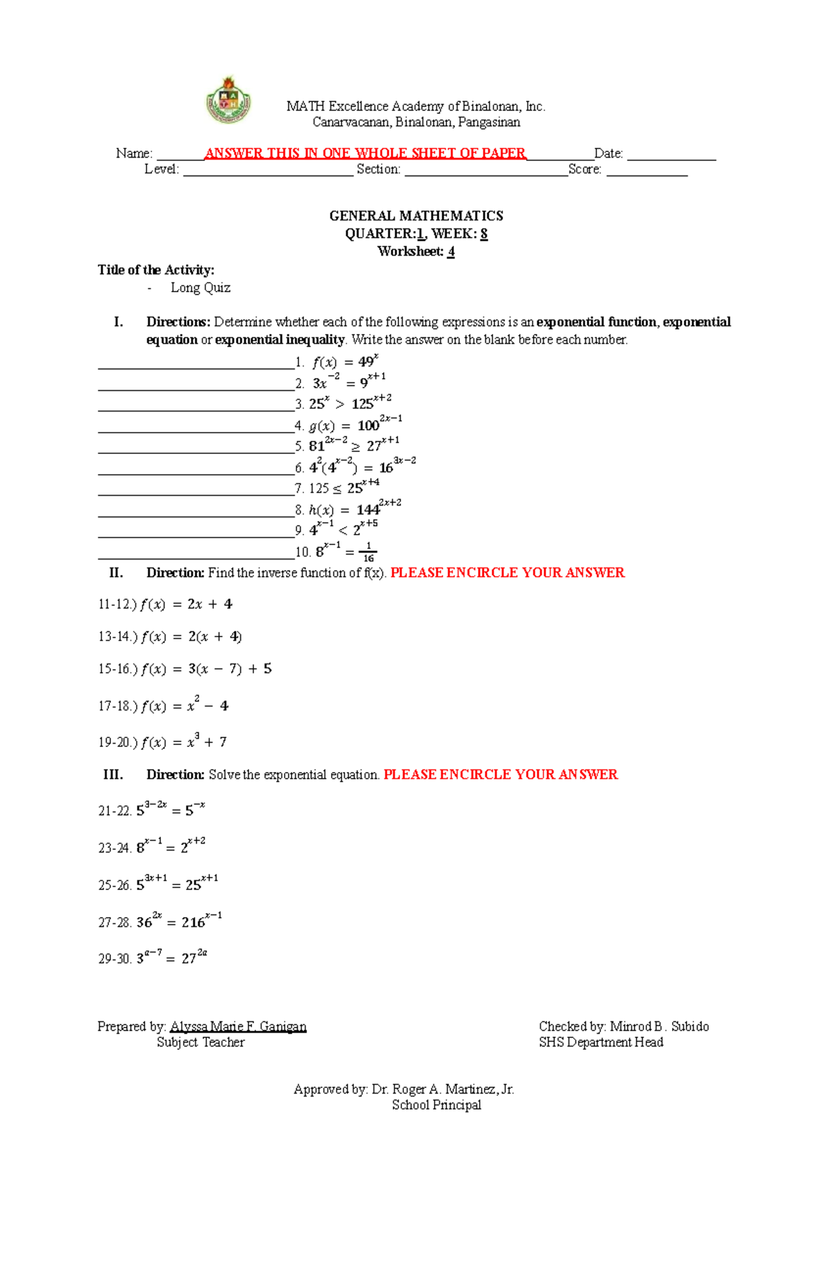 Q1 Long Quiz General Mathematics - MATH Excellence Academy of Binalonan ...