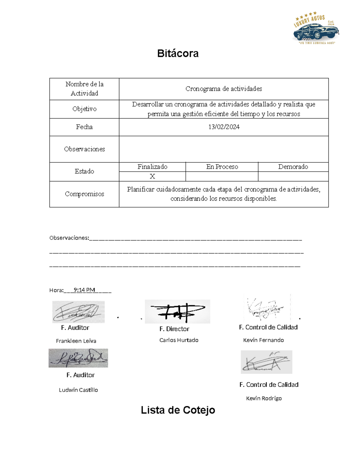 Bitacora y Lista de cotejo(Cronograma de Actividades) - Bitácora Nombre ...