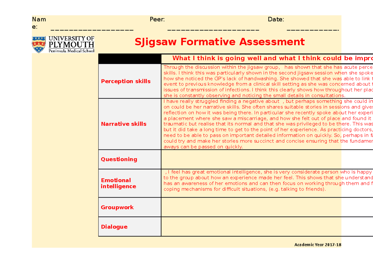 Jigsaw Formative Assessment example Nam e Peer Date SJigsaw