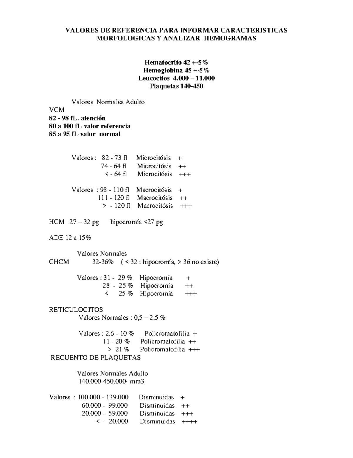 Valores Hemograma Valores De Referencia Para Informar Caracteristicas