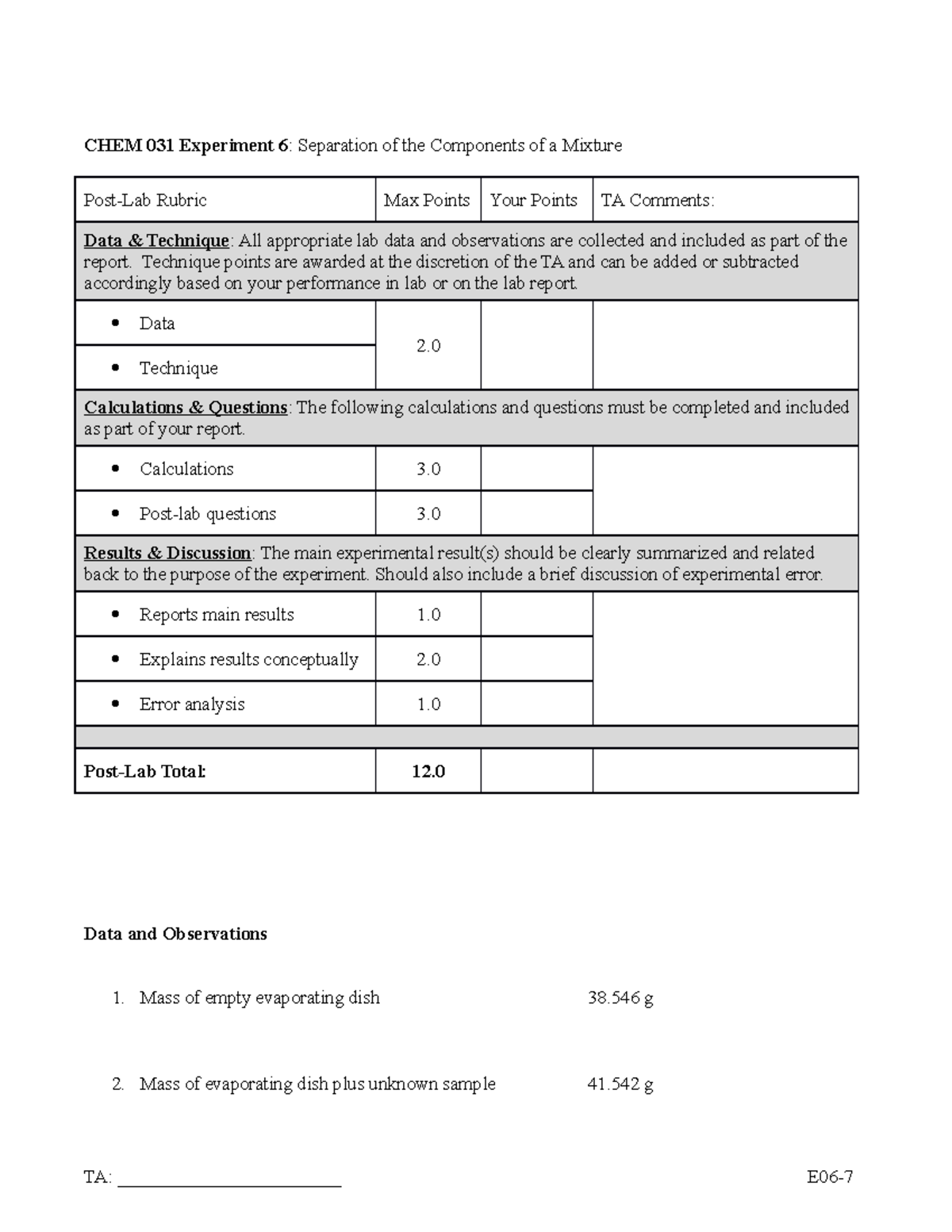 Lab 6 Separations - CHEM 031 Experiment 6: Separation of the Components ...