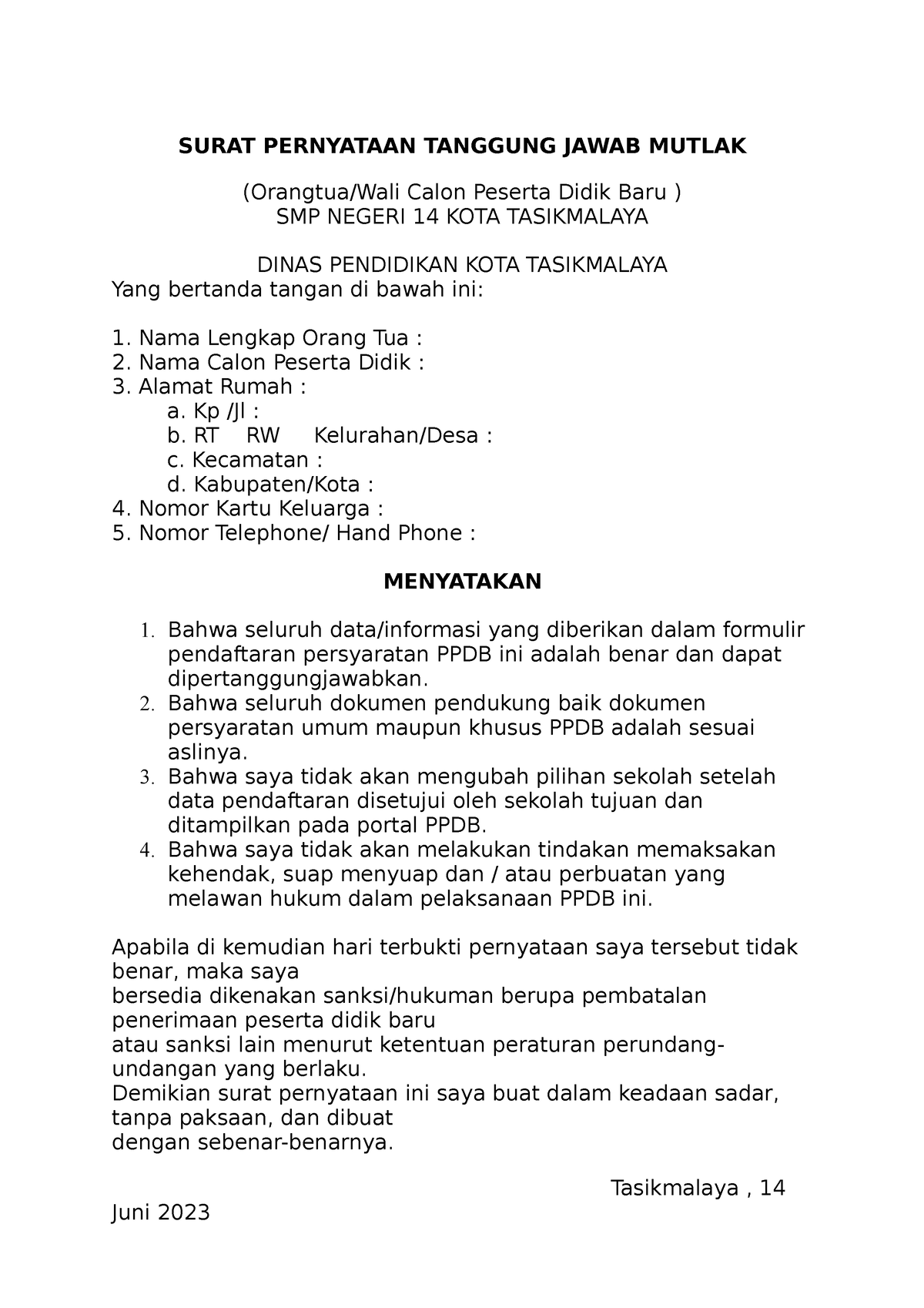 Surat Pernyataan Tanggung Jawab Mutlak Kosong - SURAT PERNYATAAN ...