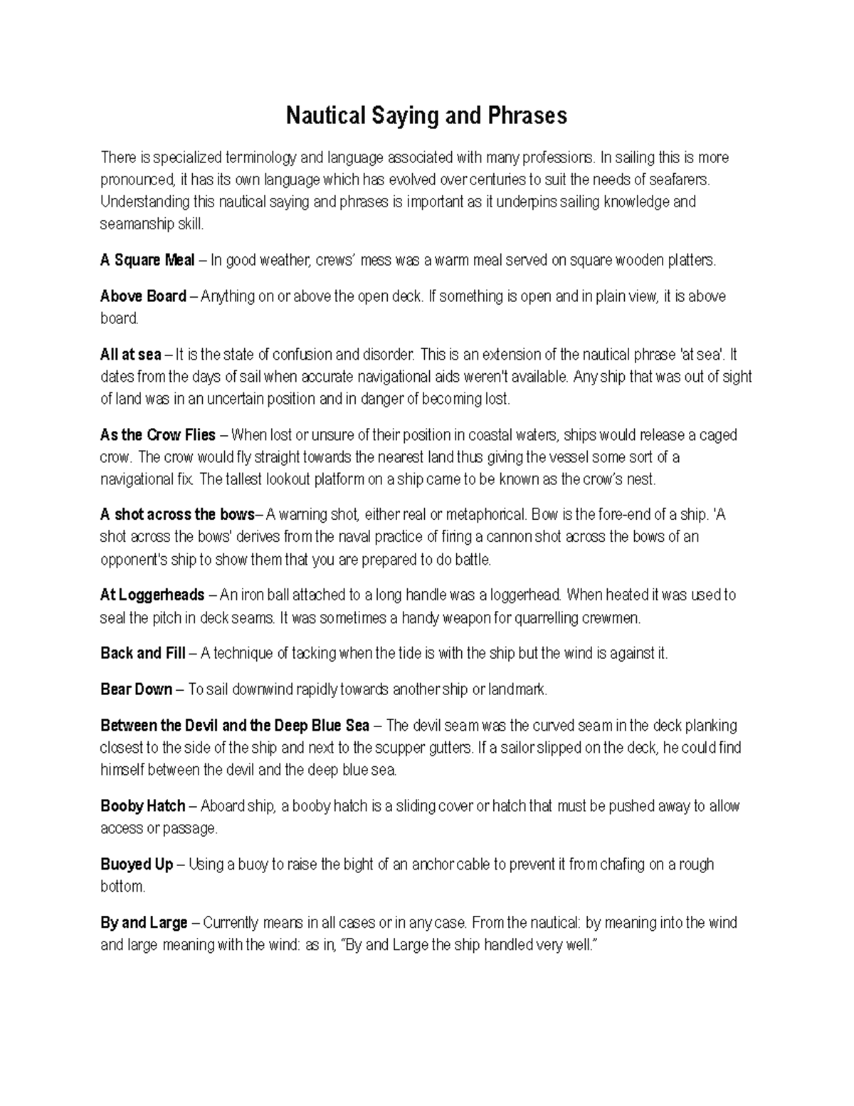 Nautical Saying and Phrases handouts - Nautical Saying and Phrases ...