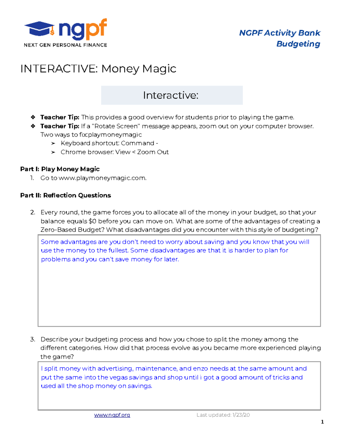 Money Magic Worksheet NGPF Activity Bank Budgeting INTERACTIVE Money Magic Interactive