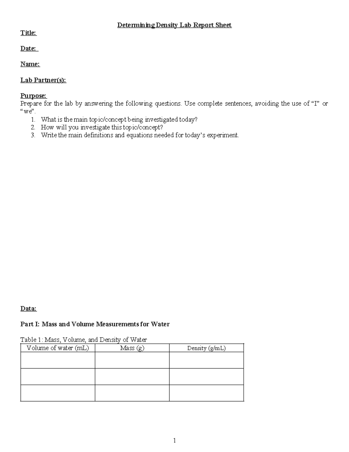 CHEM 1211K - Determining Density Lab Report Sheet - Determining Density ...