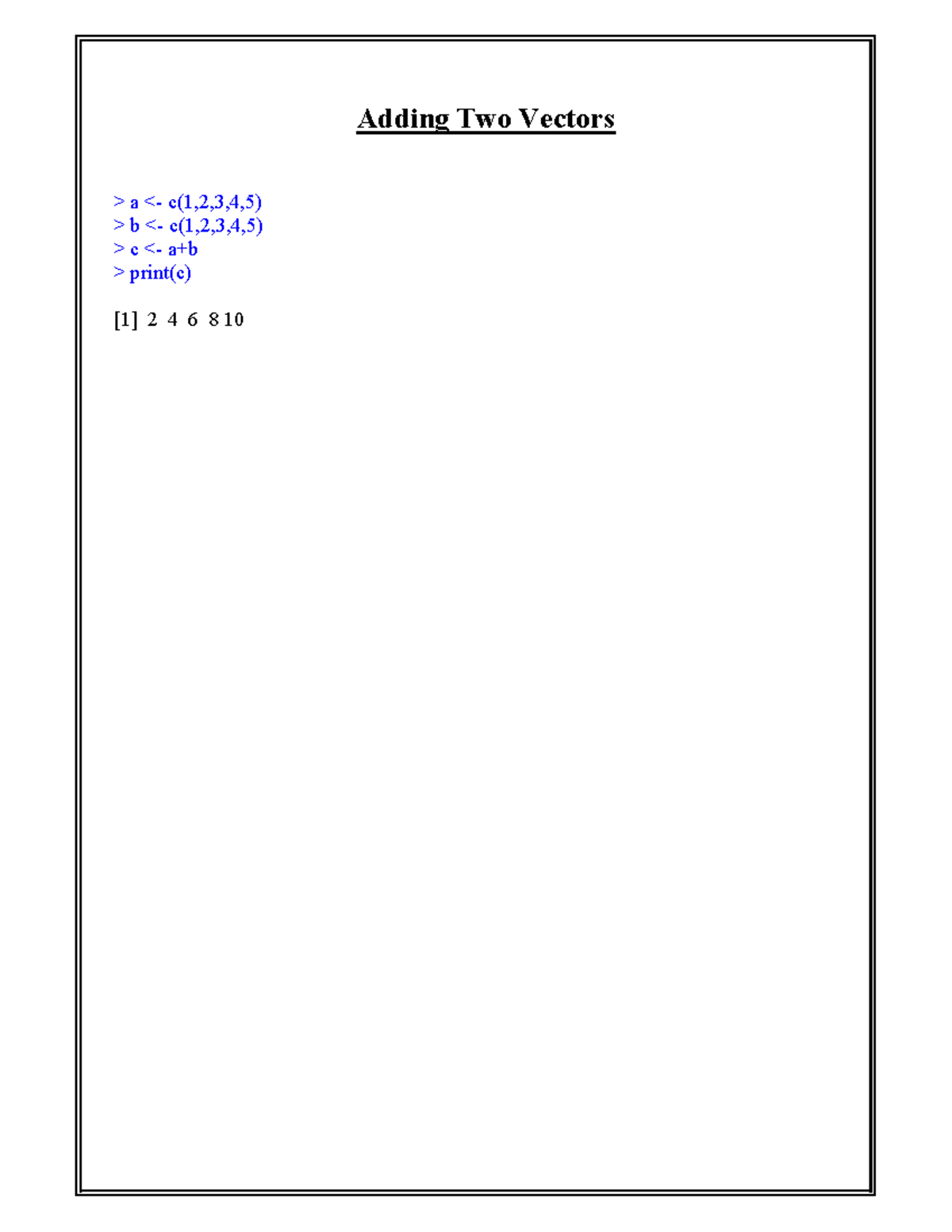 R Programming Lab Manual - Adding Two Vectors a