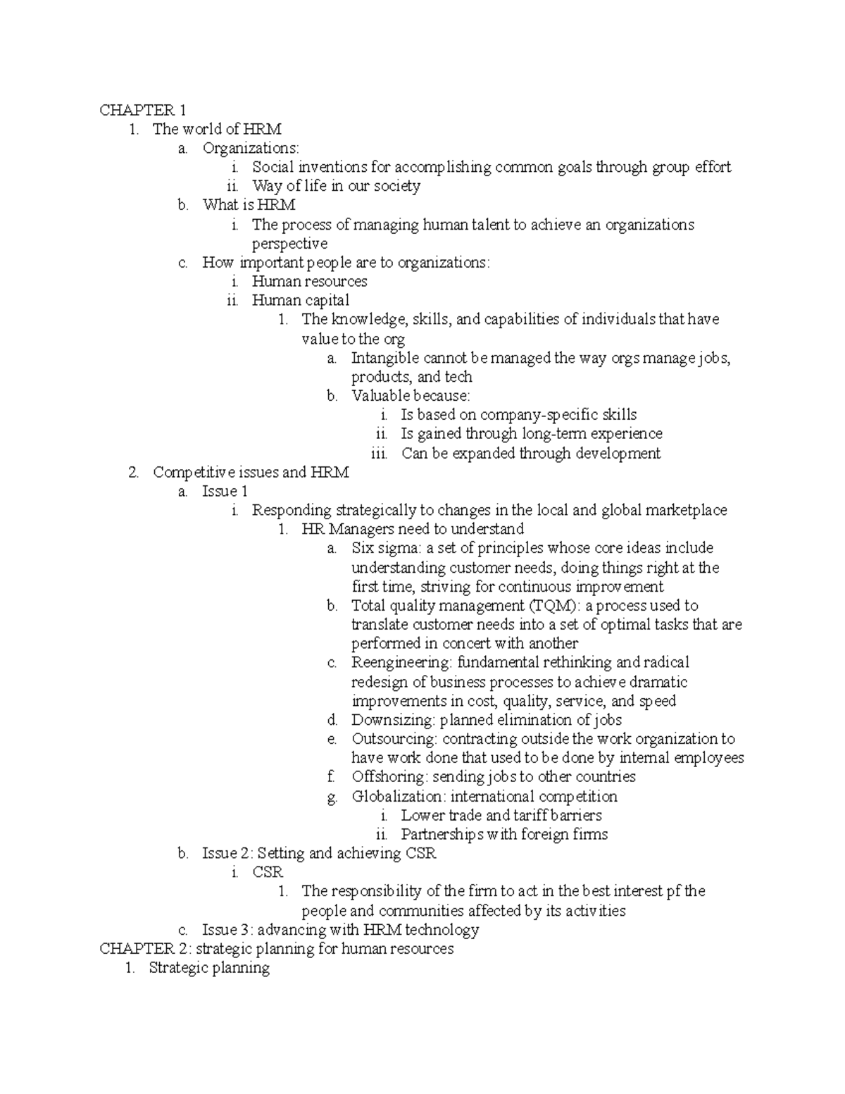 Human Resources Managment - CHAPTER 1 The world of HRM a. Organizations ...