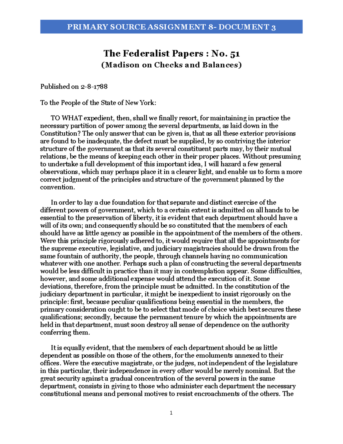 The Federalist Papers # 51 - The Federalist Papers : No. 51 (Madison On ...