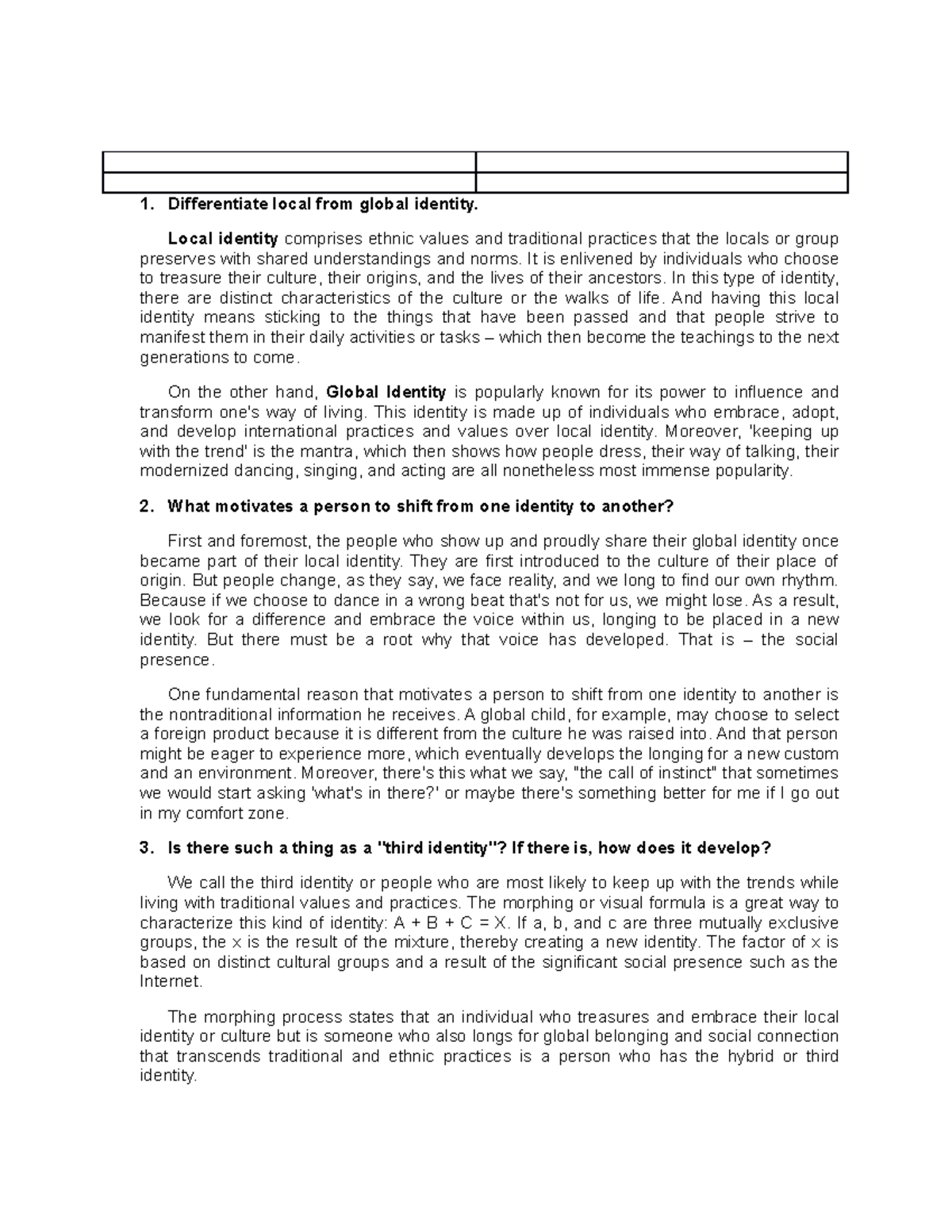 Activity 2 - Global Identity Vs. Local Identity - Differentiate Local ...