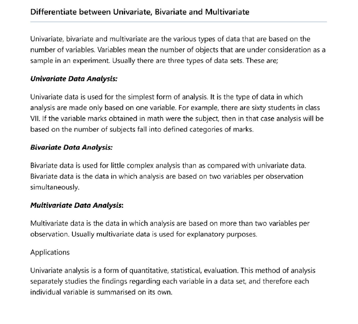 Differentiate between Univariate, Bivariate and Multivariate ...