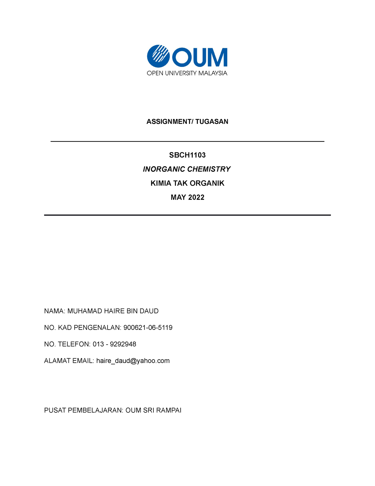 Assignment - XBMB3104 - **ASSIGNMENT/ TUGASAN SBCH** INORGANIC ...