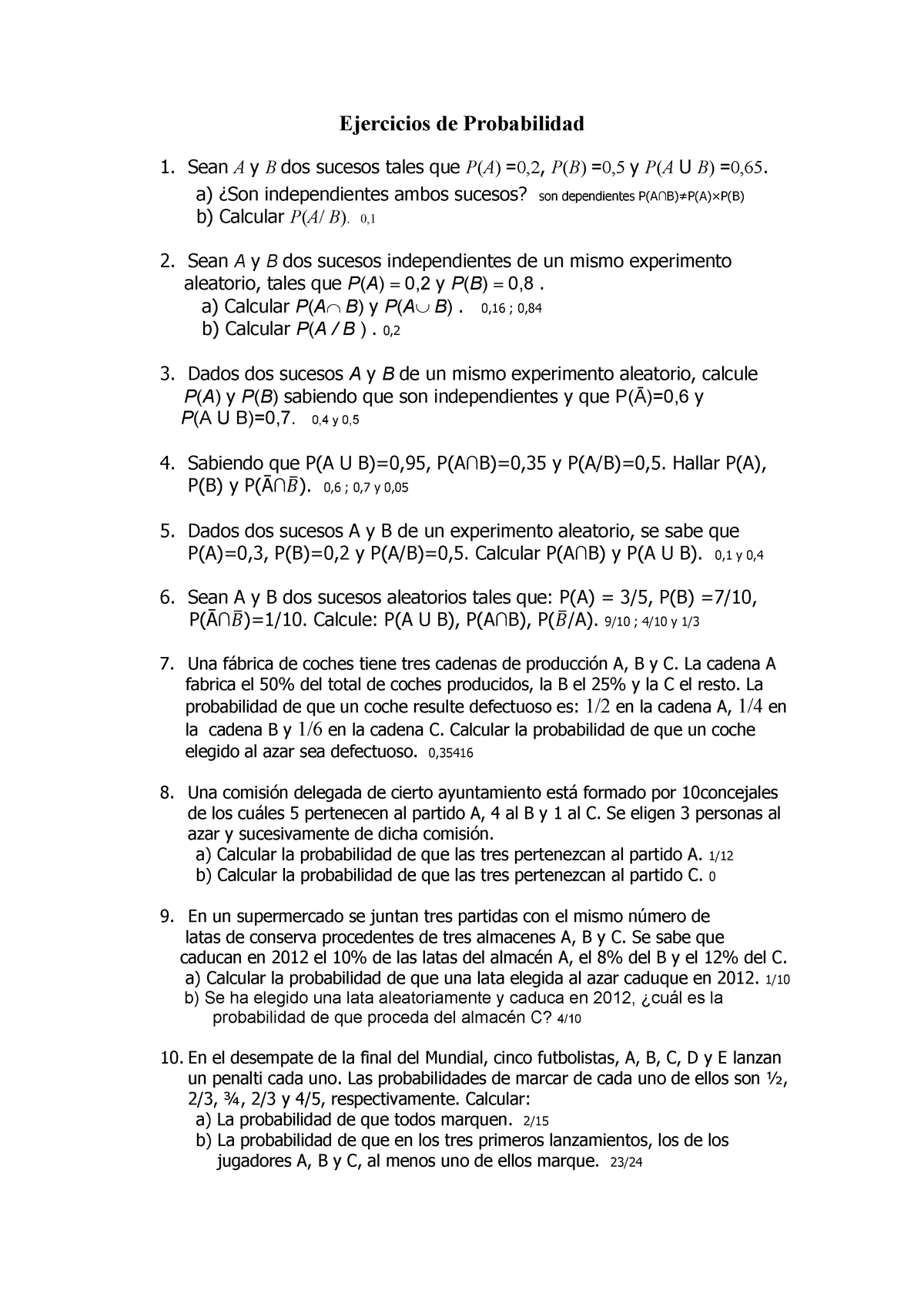 Ejercicios De Probabilidad - Ejercicios De Probabilidad Sean A Y B Dos ...