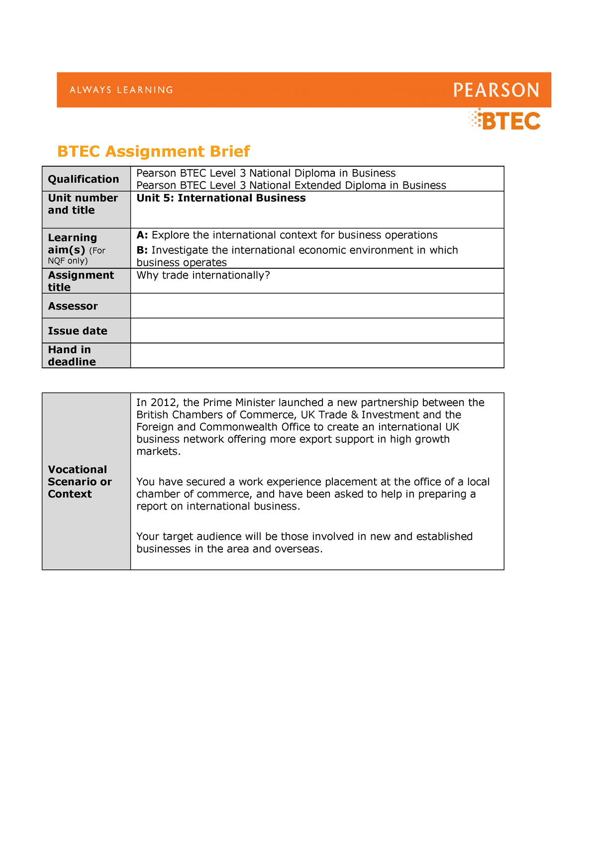 Assignment 1 Assignment 1 Assignment 1 Btec Assignment Brief Qualification Pearson Btec Level