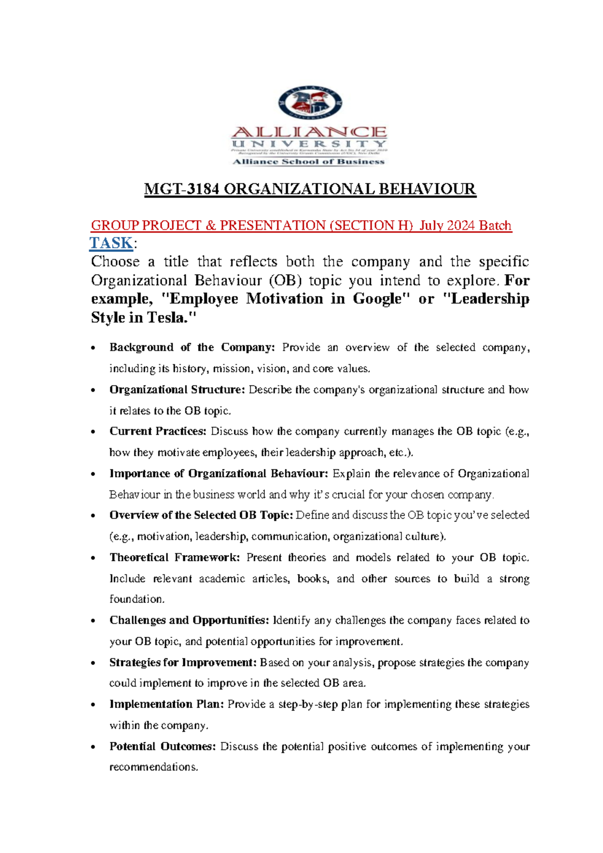 OB Group Project Guideline - MGT-3184 ORGANIZATIONAL BEHAVIOUR GROUP ...