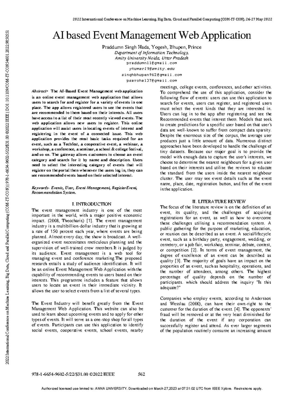 AI based Event Management Web Application - 2022 International ...