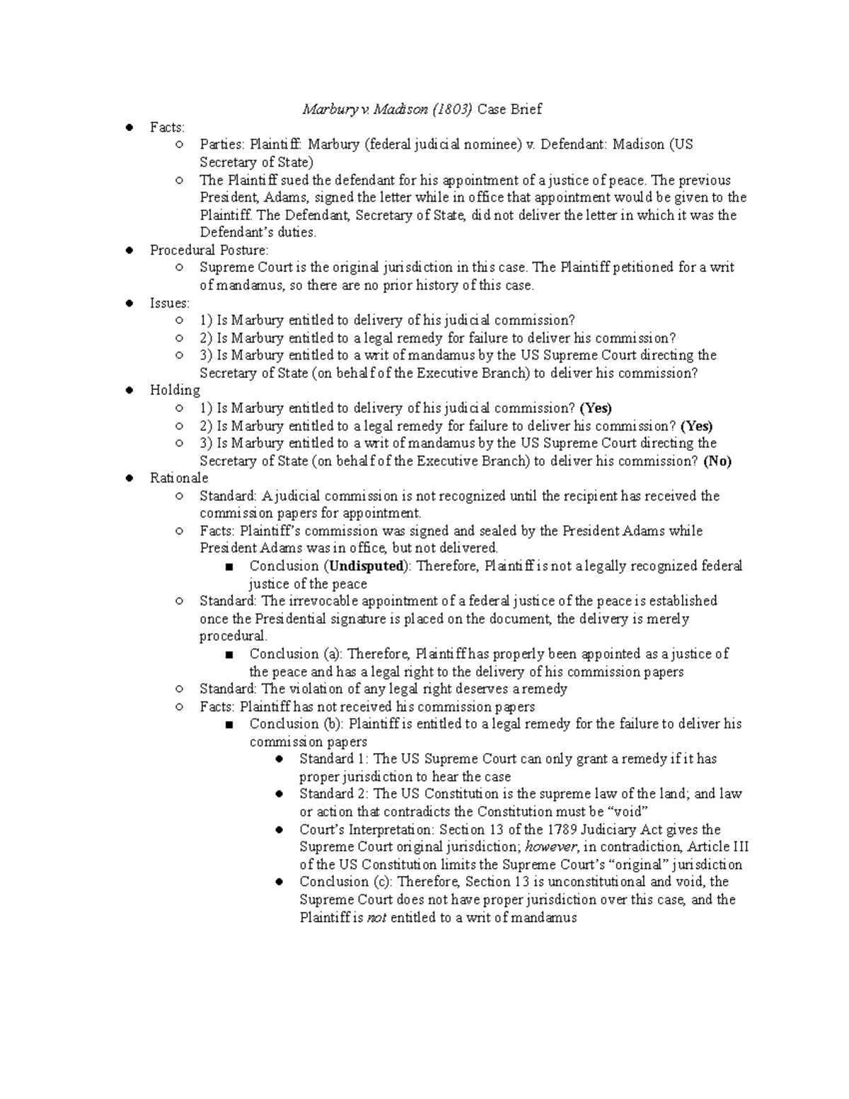 Marbury v. Madison Case Brief - Marbury v. Madison (1803) Case Brief ...