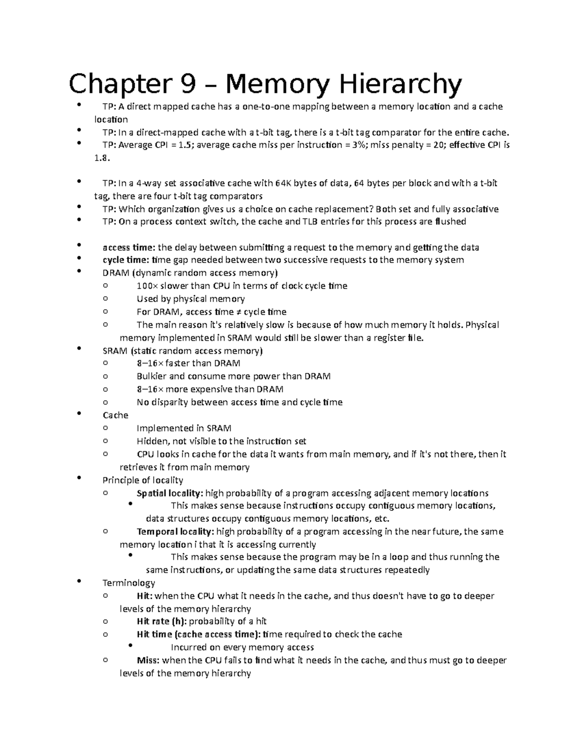 Chapter 9 - Memory Hierarchy - Chapter 9 – Memory Hierarchy TP: A ...