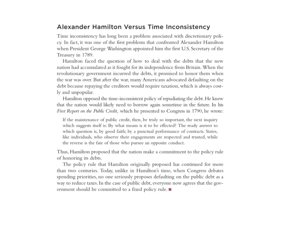 Alexander Hamilton Versus Time Inconsistency - MACRO ECONOMICS - Studocu