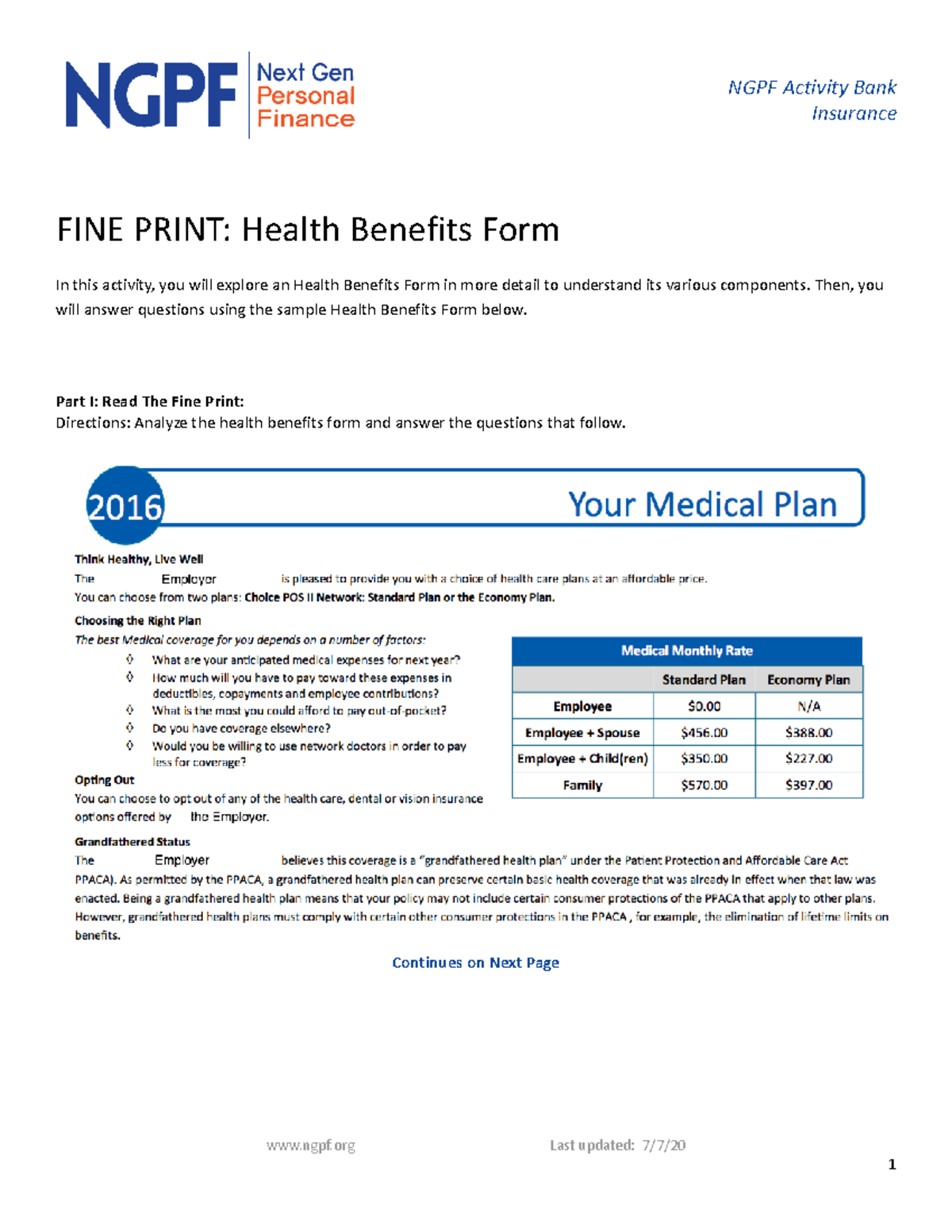 FINE Print Health Benefits Form - NGPF Activity Bank Insurance FINE ...