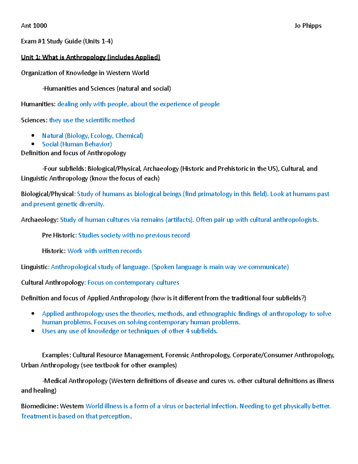 ANTH 1000 Study Guide Units 1-4 - Ant 1000 Jo Phipps Exam #1 Study ...