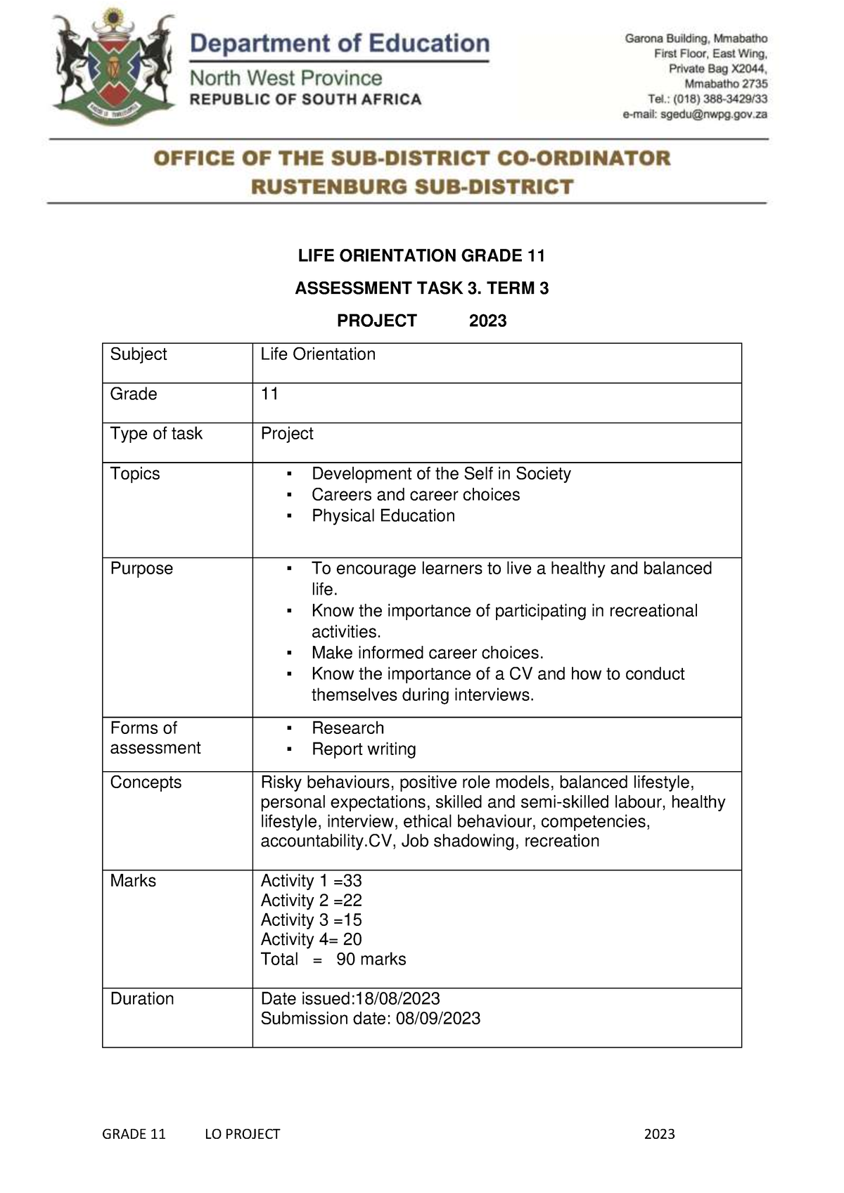 grade 11 assignment term 3 2023