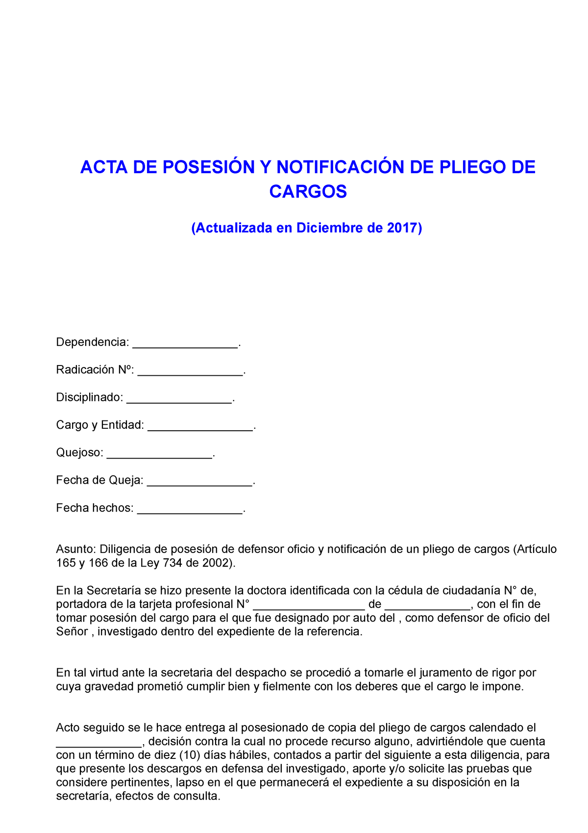 Acta De Posesión Y Notificación De Pliego De Cargos Acta De PosesiÓn